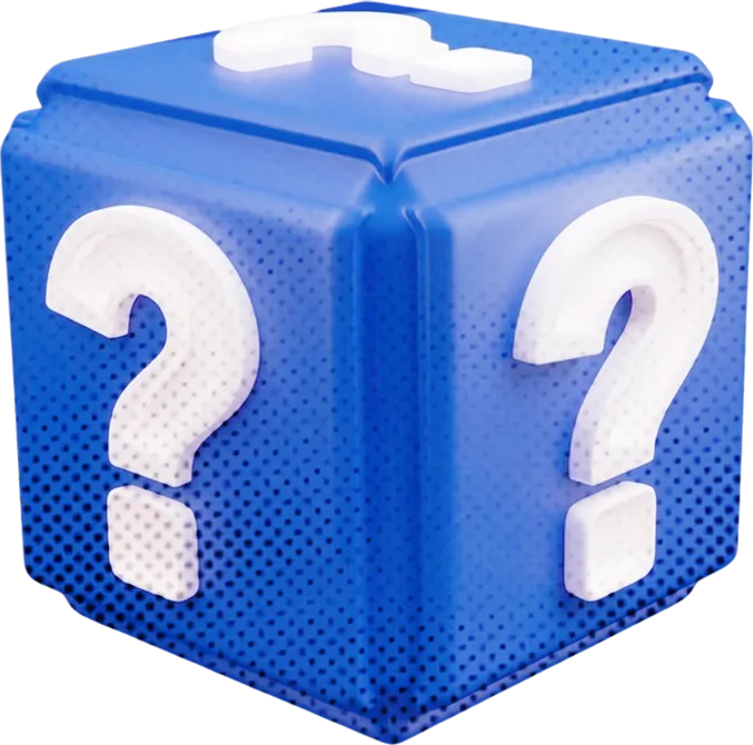 Cubo 3D com interrogações representando dúvidas sobre registro de marca